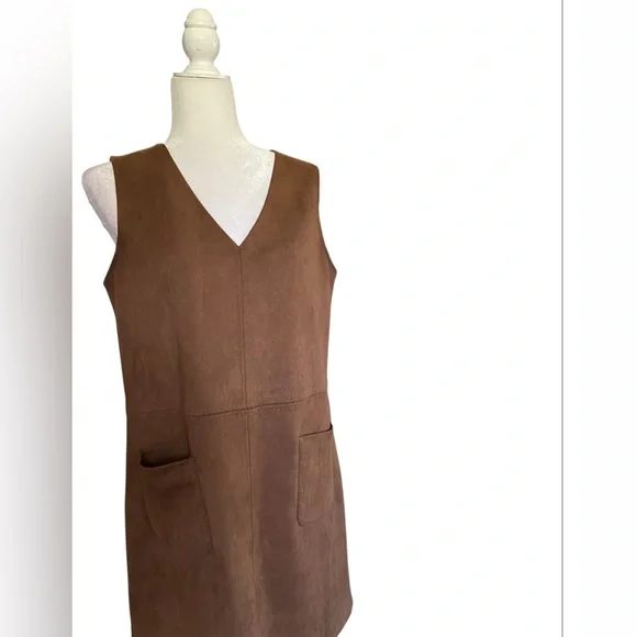 Sleeveless V-Neck Suede-Look Tan Dress - Picture 3 of 4